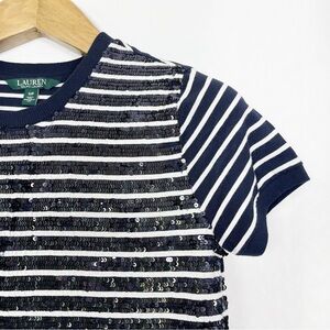 Ralph Lauren Women’s Navy Blue and White Striped Sequin T-Shirt Size Small